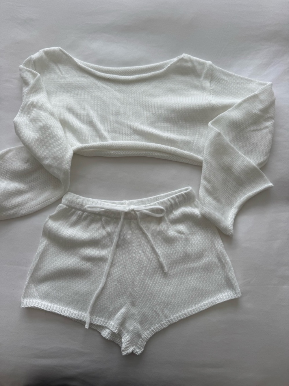 Crop Top Long Sleeve and Hot Pants White on White Knit Two-Piece Set